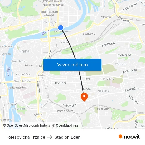 Holešovická Tržnice to Stadion Eden map