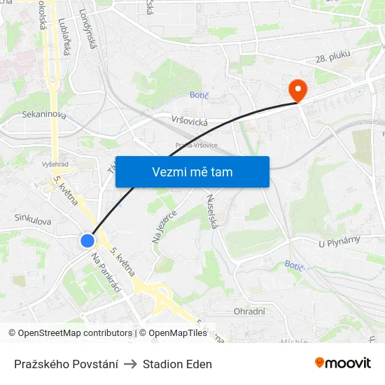 Pražského Povstání to Stadion Eden map