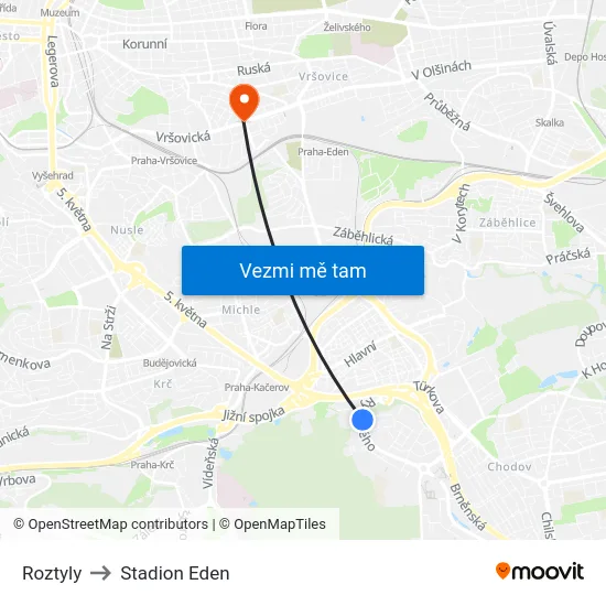 Roztyly to Stadion Eden map