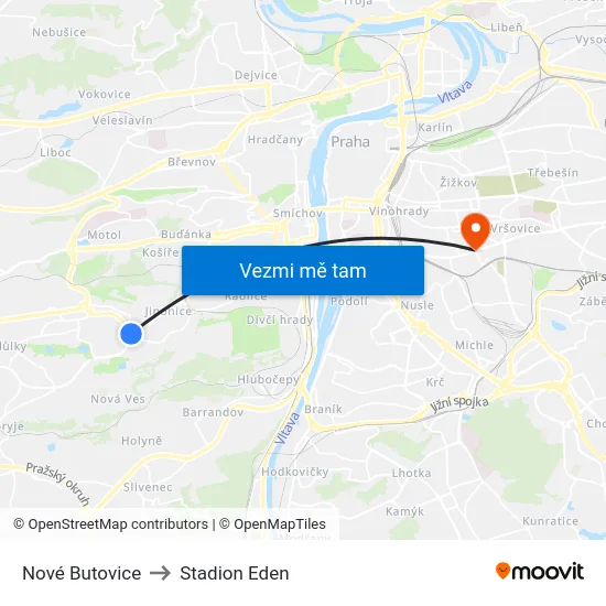 Nové Butovice to Stadion Eden map