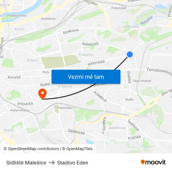 Sídliště Malešice to Stadion Eden map