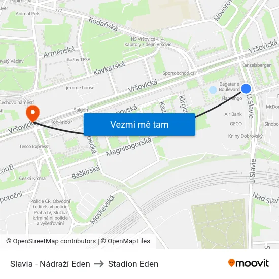 Slavia - Nádraží Eden to Stadion Eden map