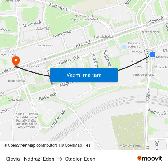 Slavia - Nádraží Eden to Stadion Eden map