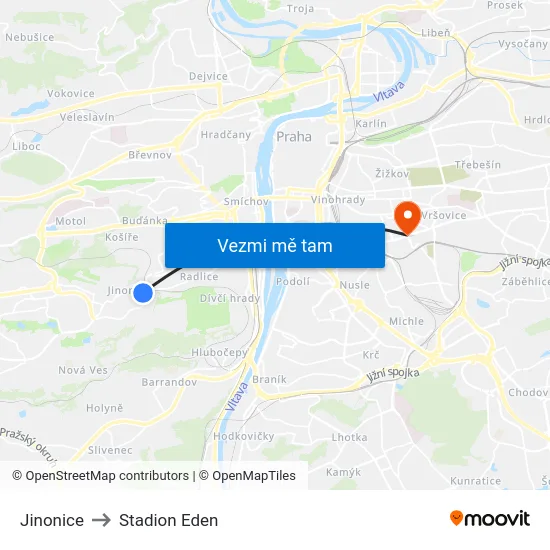 Jinonice to Stadion Eden map