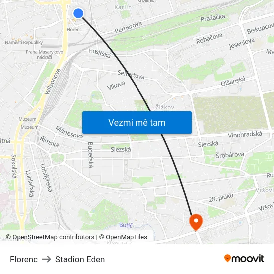 Florenc to Stadion Eden map