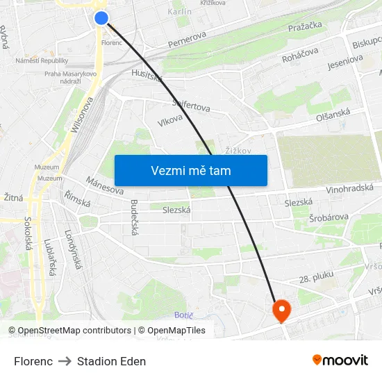 Florenc to Stadion Eden map