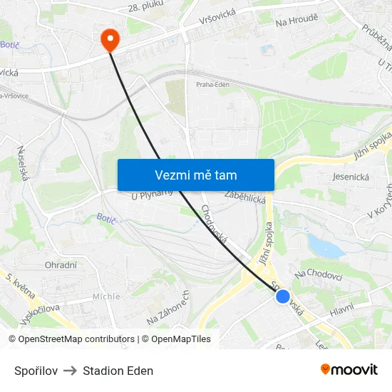 Spořilov to Stadion Eden map