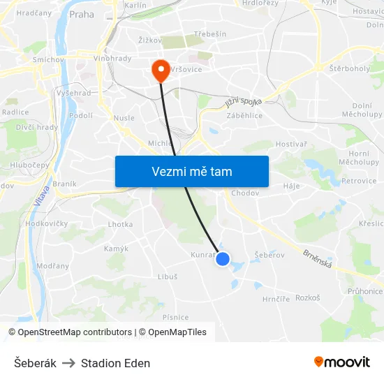 Šeberák to Stadion Eden map