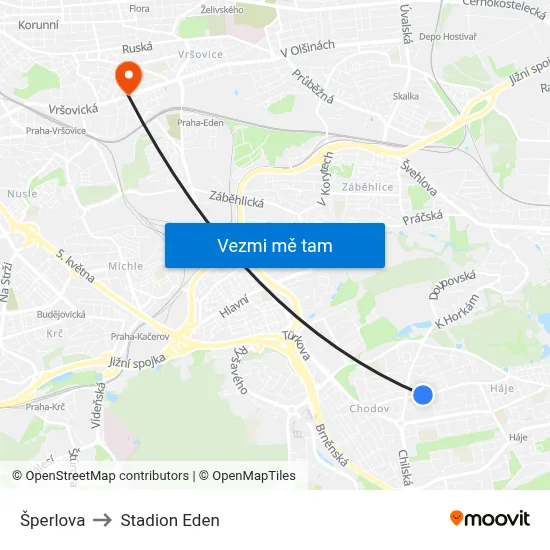 Šperlova to Stadion Eden map