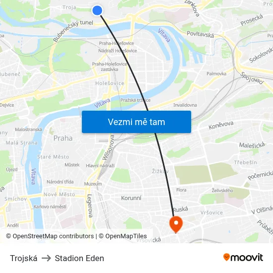 Trojská to Stadion Eden map