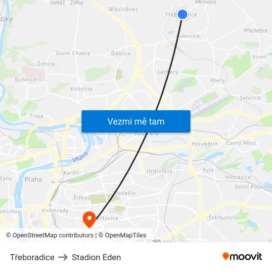 Třeboradice to Stadion Eden map