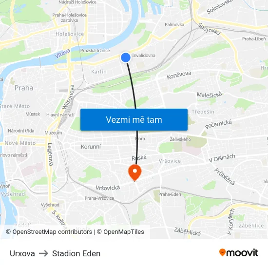 Urxova to Stadion Eden map