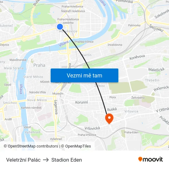 Veletržní Palác to Stadion Eden map