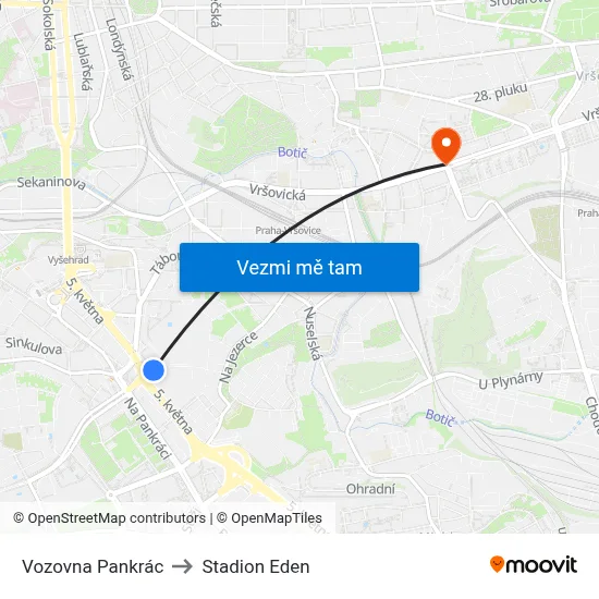 Vozovna Pankrác to Stadion Eden map