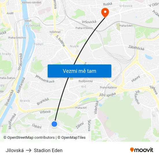 Jílovská to Stadion Eden map