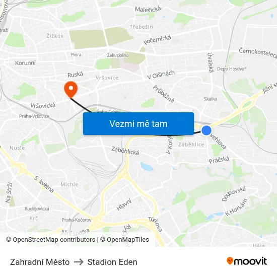 Zahradní Město to Stadion Eden map