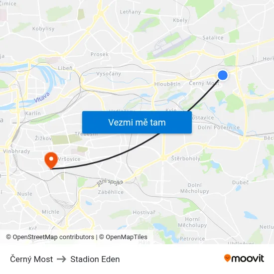 Černý Most to Stadion Eden map