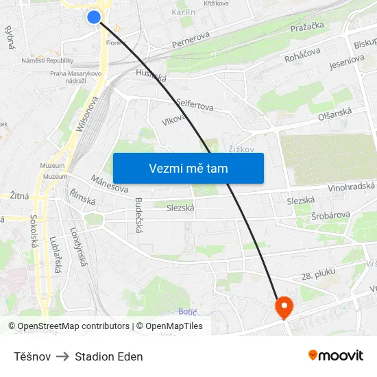 Těšnov to Stadion Eden map