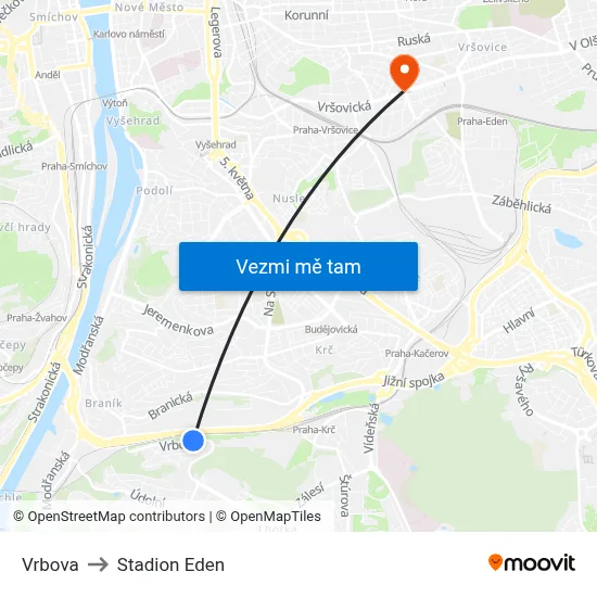 Vrbova to Stadion Eden map