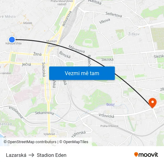 Lazarská to Stadion Eden map
