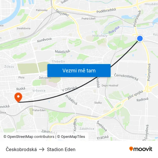 Českobrodská to Stadion Eden map