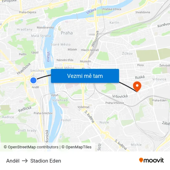 Anděl to Stadion Eden map
