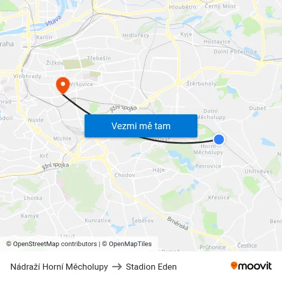Nádraží Horní Měcholupy to Stadion Eden map