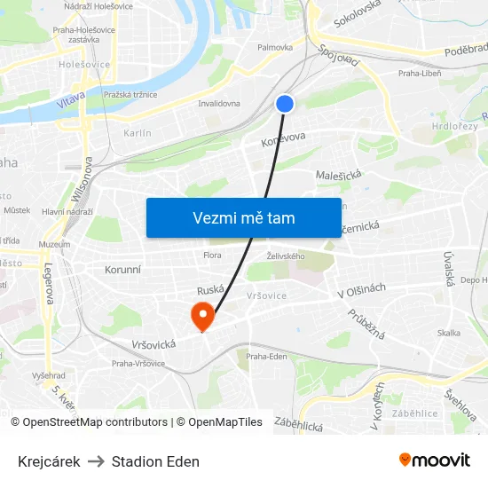 Krejcárek to Stadion Eden map