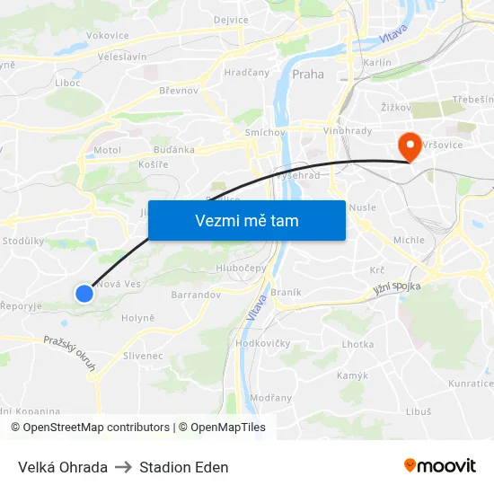 Velká Ohrada to Stadion Eden map