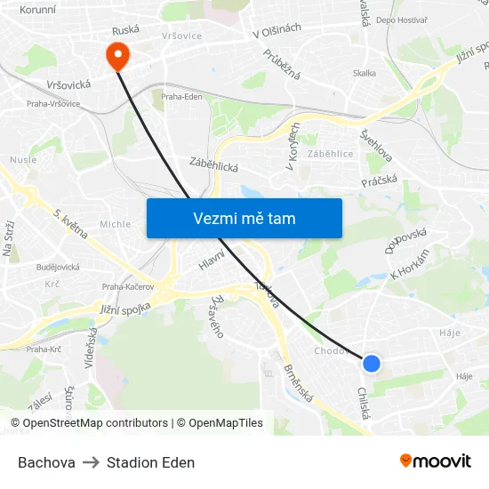 Bachova to Stadion Eden map