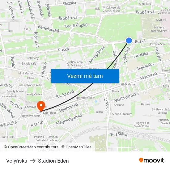 Volyňská to Stadion Eden map
