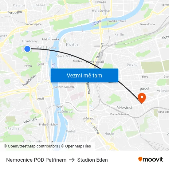 Nemocnice POD Petřínem to Stadion Eden map