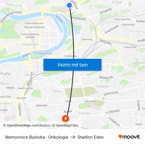 Nemocnice Bulovka - Onkologie to Stadion Eden map