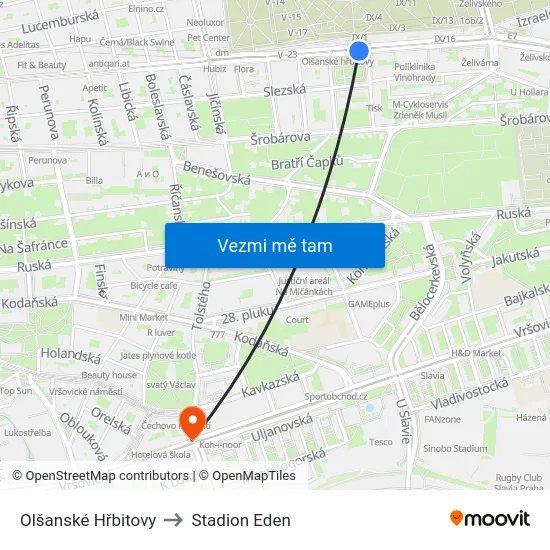 Olšanské Hřbitovy to Stadion Eden map