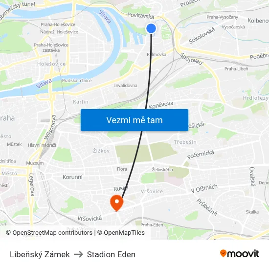 Libeňský Zámek to Stadion Eden map
