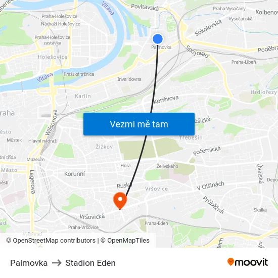 Palmovka to Stadion Eden map