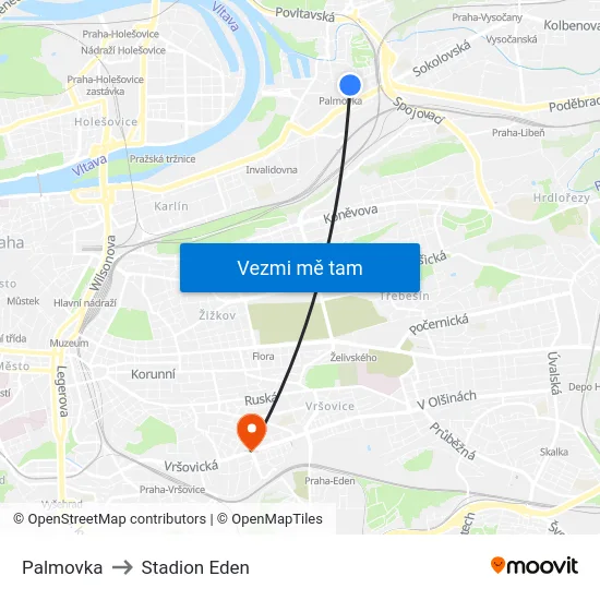 Palmovka to Stadion Eden map