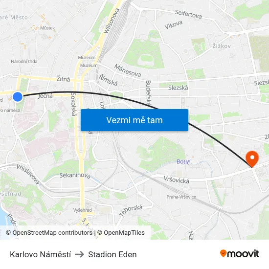 Karlovo Náměstí to Stadion Eden map