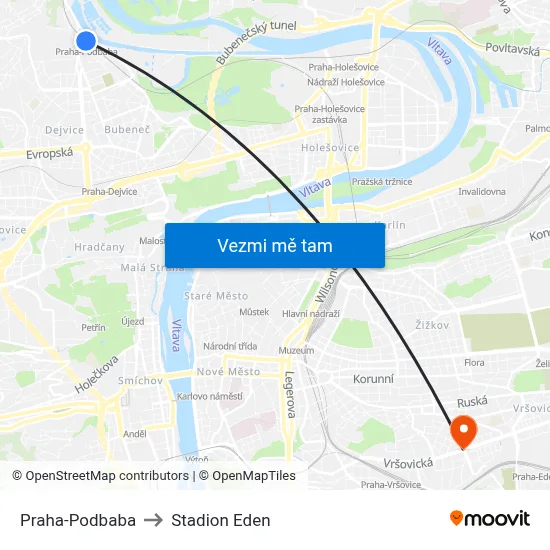 Praha-Podbaba to Stadion Eden map