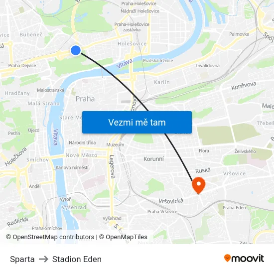 Sparta to Stadion Eden map