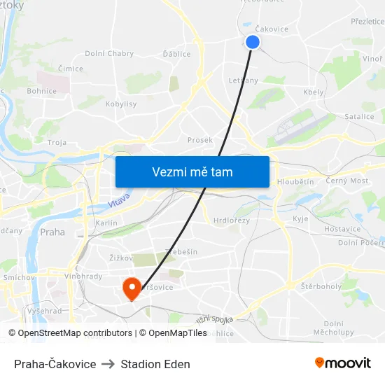 Praha-Čakovice to Stadion Eden map
