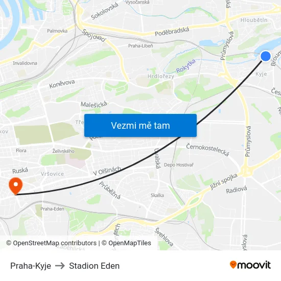 Praha-Kyje to Stadion Eden map