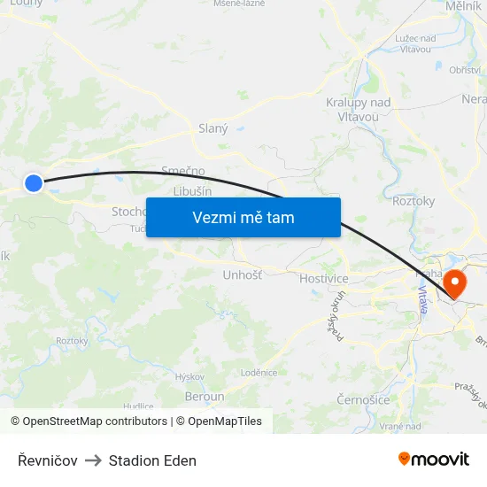 Řevničov to Stadion Eden map