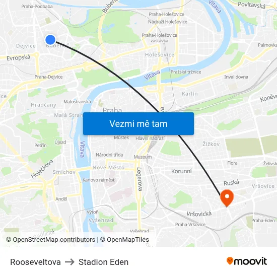 Rooseveltova to Stadion Eden map