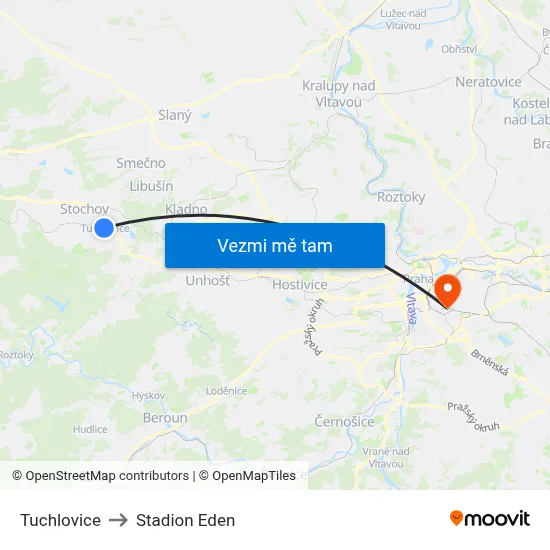 Tuchlovice to Stadion Eden map