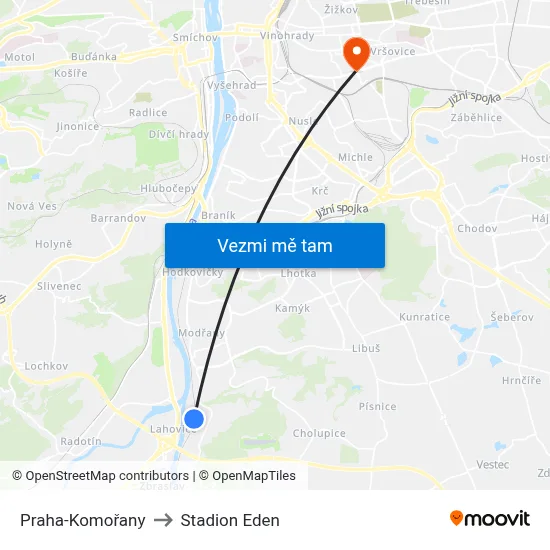 Praha-Komořany to Stadion Eden map