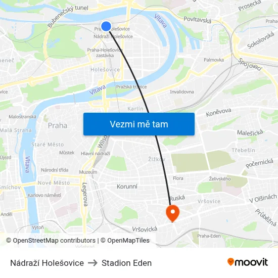 Nádraží Holešovice to Stadion Eden map