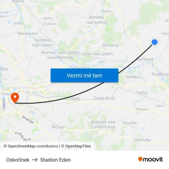 Oskořínek to Stadion Eden map