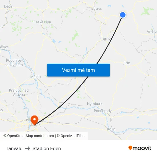 Tanvald to Stadion Eden map