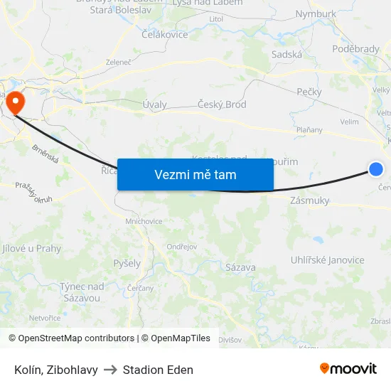 Kolín, Zibohlavy to Stadion Eden map